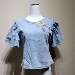 Pastels Light Blue Denim Blouse with Pearl Bow